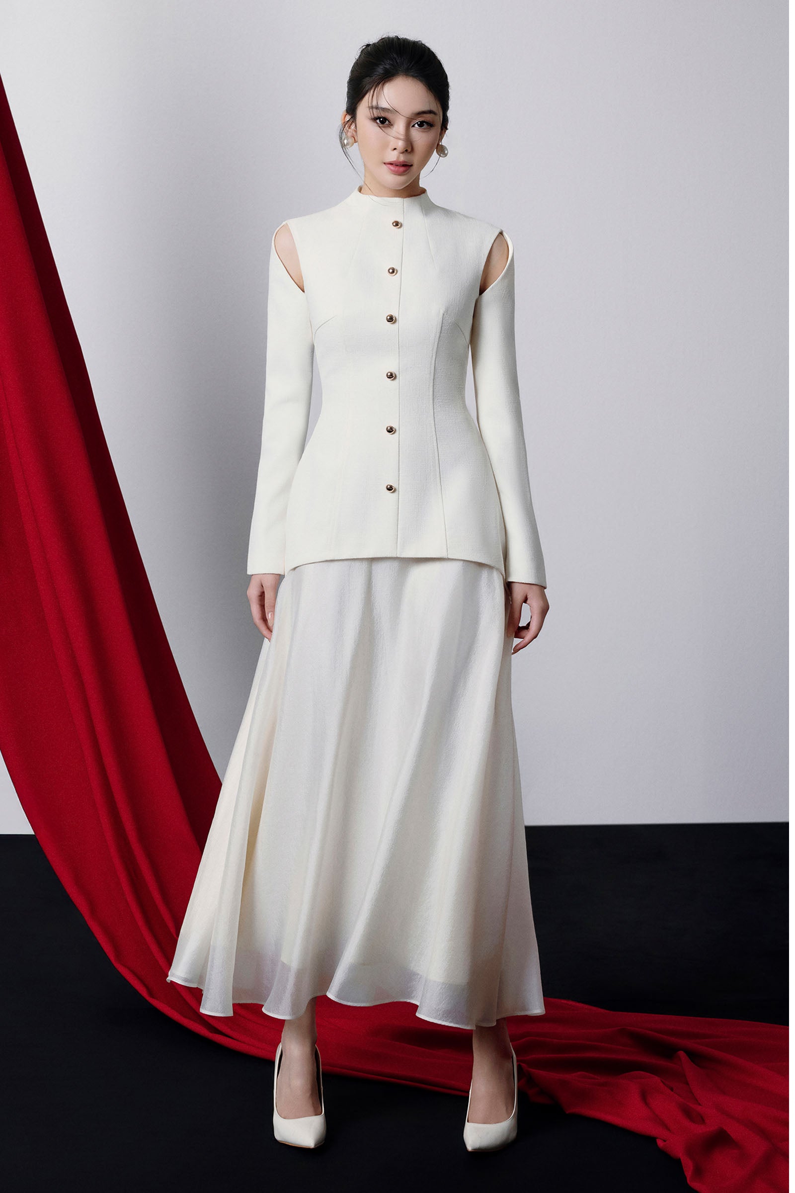 Maya Cold Shoulder Sleeve Button Midi Dress - MEAN BLVD