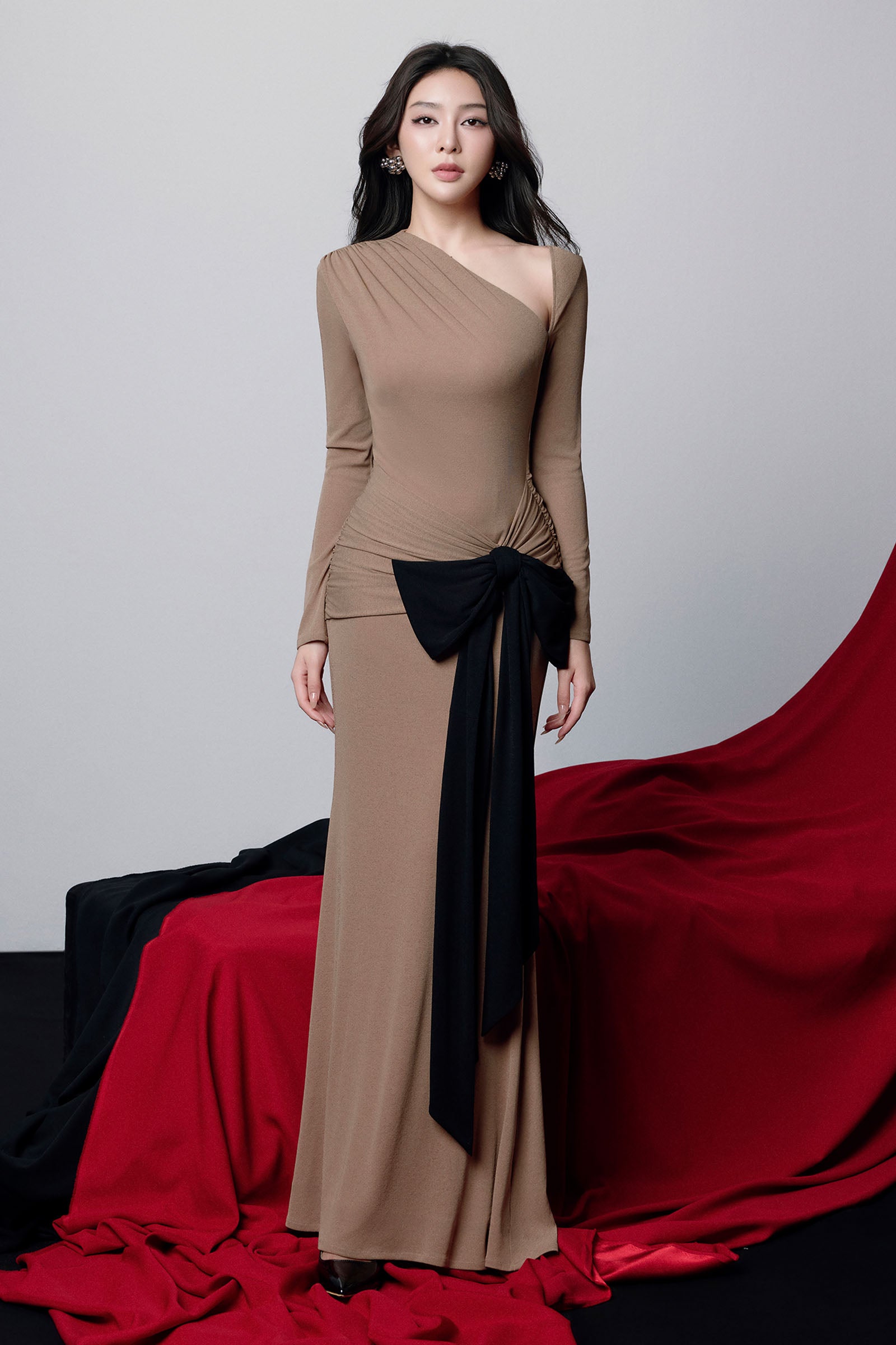 Melanie Asymmeytric Neck Ribbon Maxi Dress - MEAN BLVD