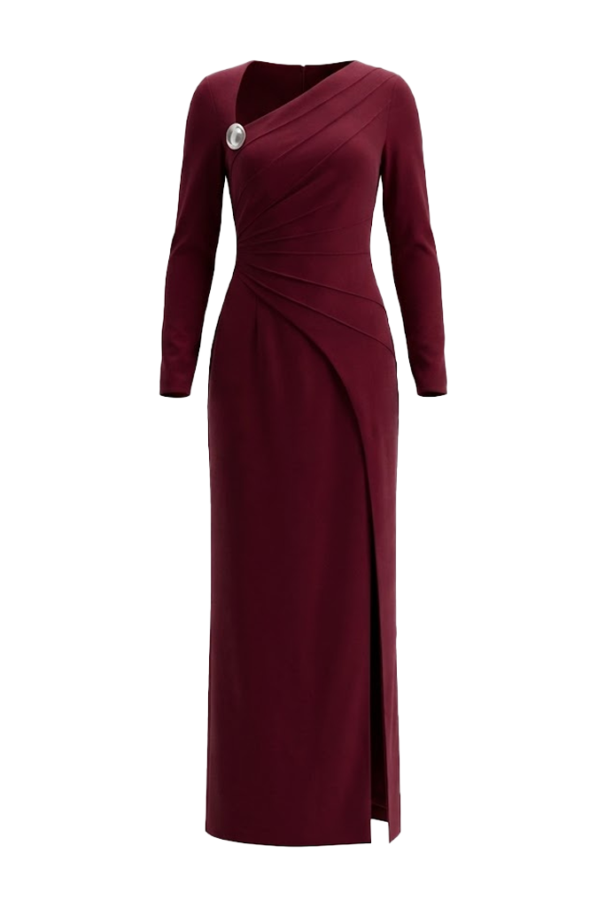 Women's Mera Asymmetric Neck Metal Maxi Dress XS/S/M/L/XL/XXL Burgundy/Navy  MEAN BLVD
