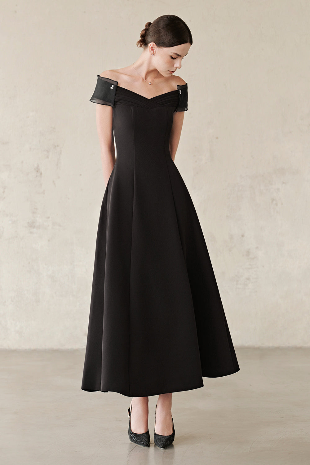 Women's Merit Off-Shoulder Draped Midi Dress S/M/L/Customize Black MEAN BLVD