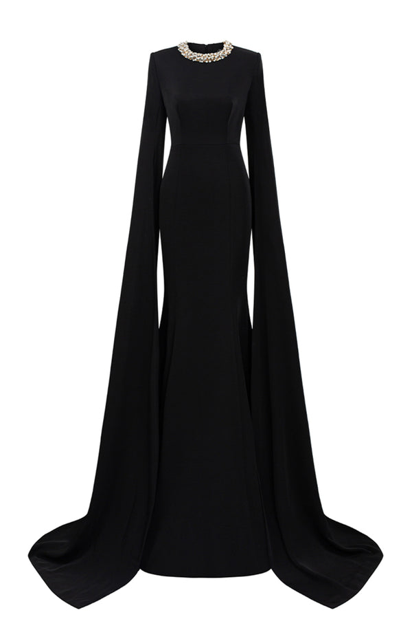 Tiffany Trumpet Jewel Neck Silk Crepe Extra Long Length Dress