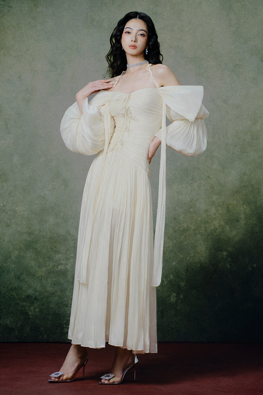 Minuet Ruched Midi Dress - Ivory Cream / M Minuet Ruched Midi Dress - Ivory Cream / M