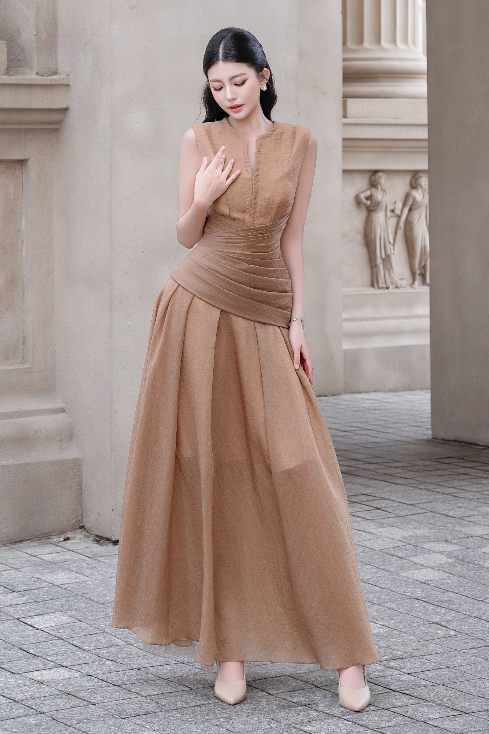 Women's Mireya Draped Maxi Dress Brown S/M/L/Customize MEAN BLVD