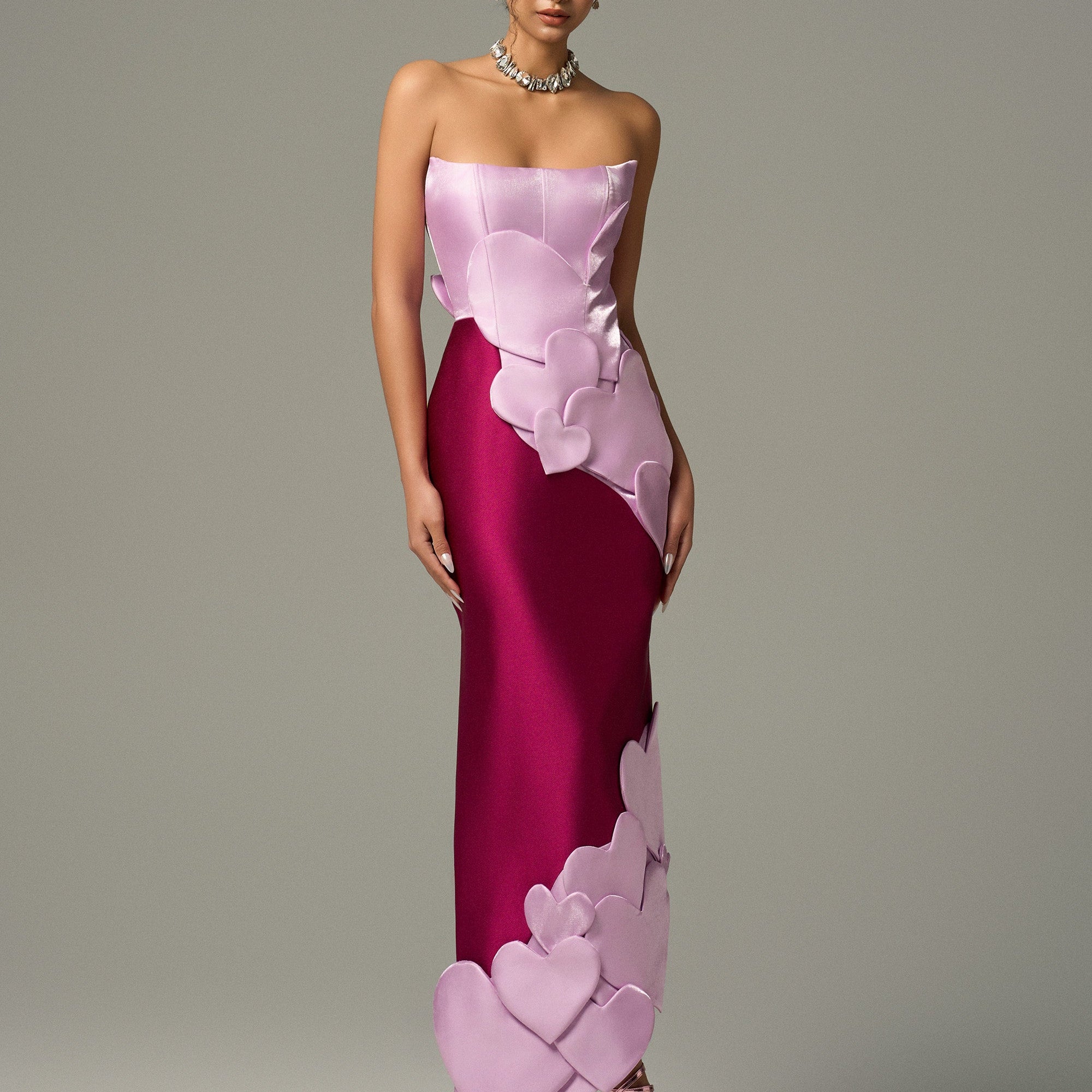 Darling Color Mix Taffeta Asymmetric Heart Detail Maxi Dress