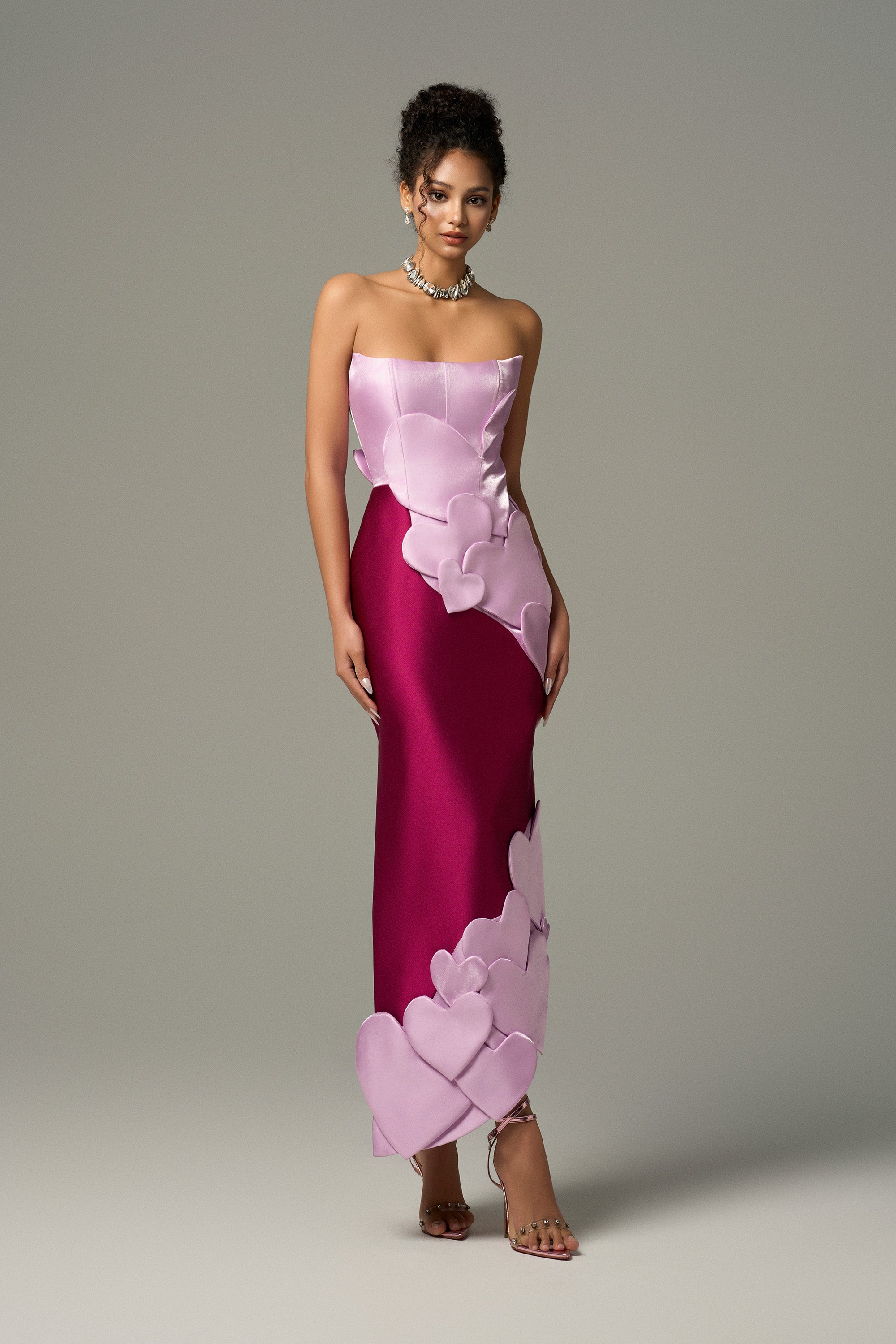 Darling Color Mix Taffeta Asymmetric Heart Detail Maxi Dress