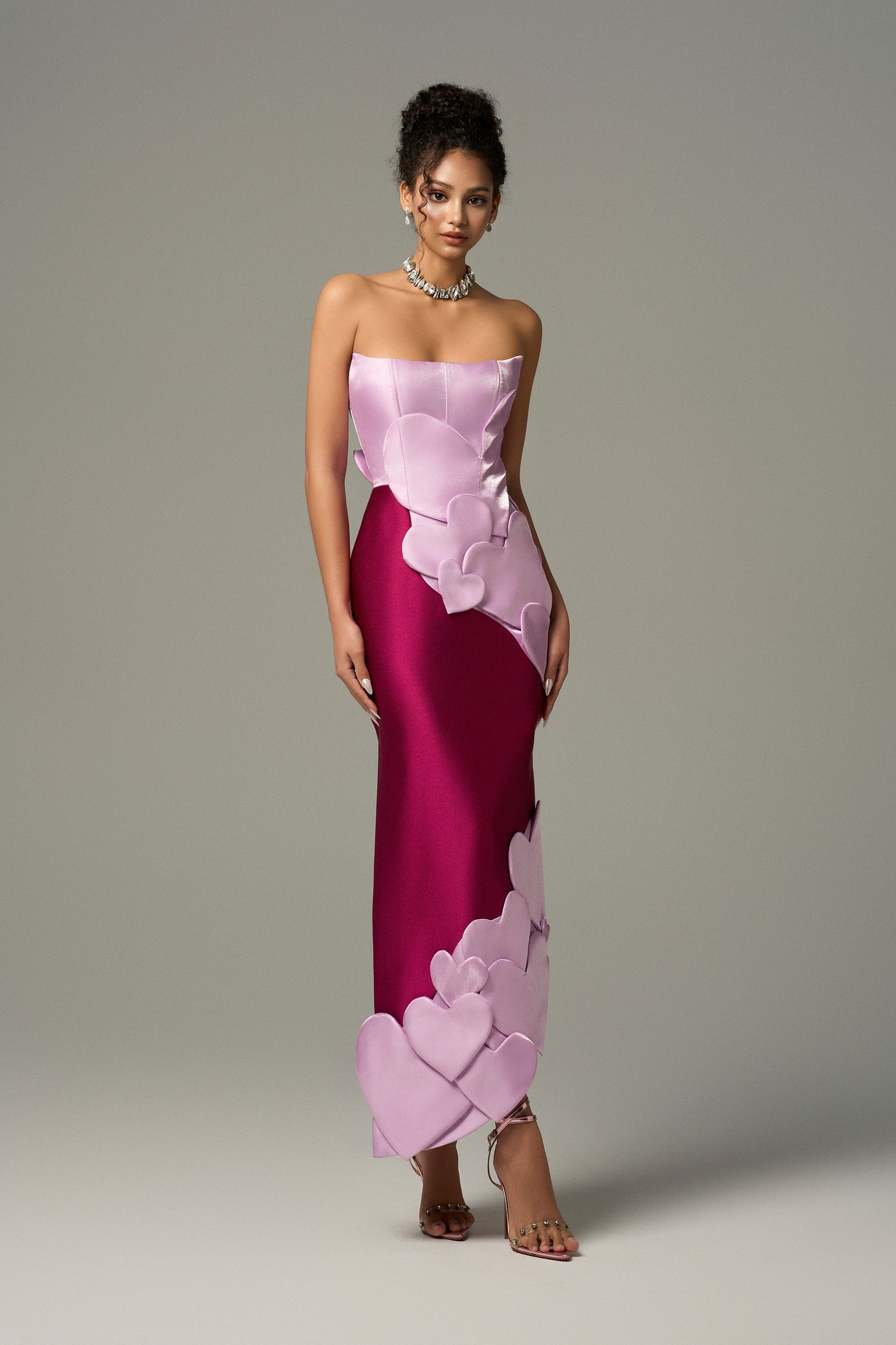 Darling Color Mix Taffeta Asymmetric Heart Detail Maxi Dress