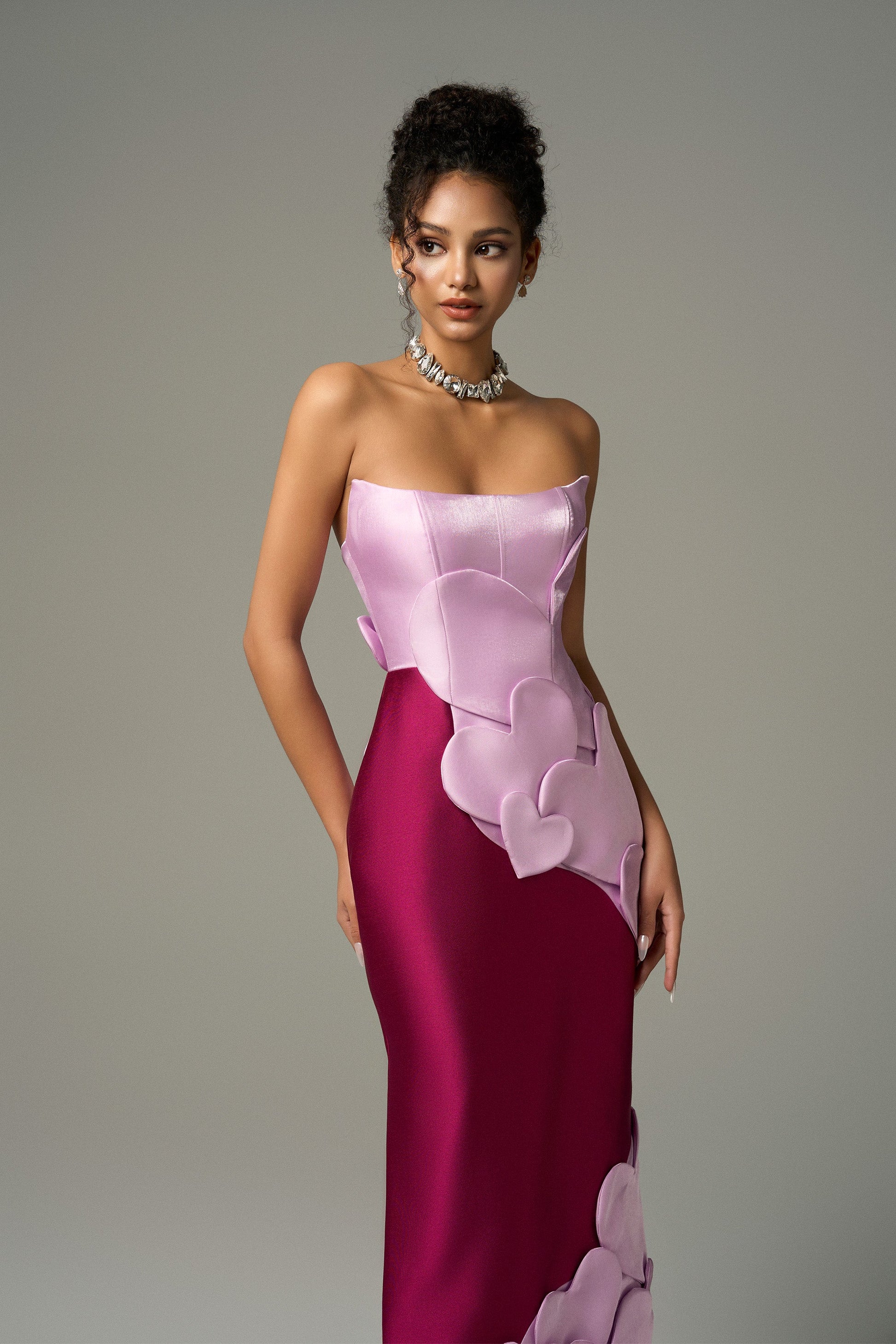 Darling Color Mix Taffeta Asymmetric Heart Detail Maxi Dress 4