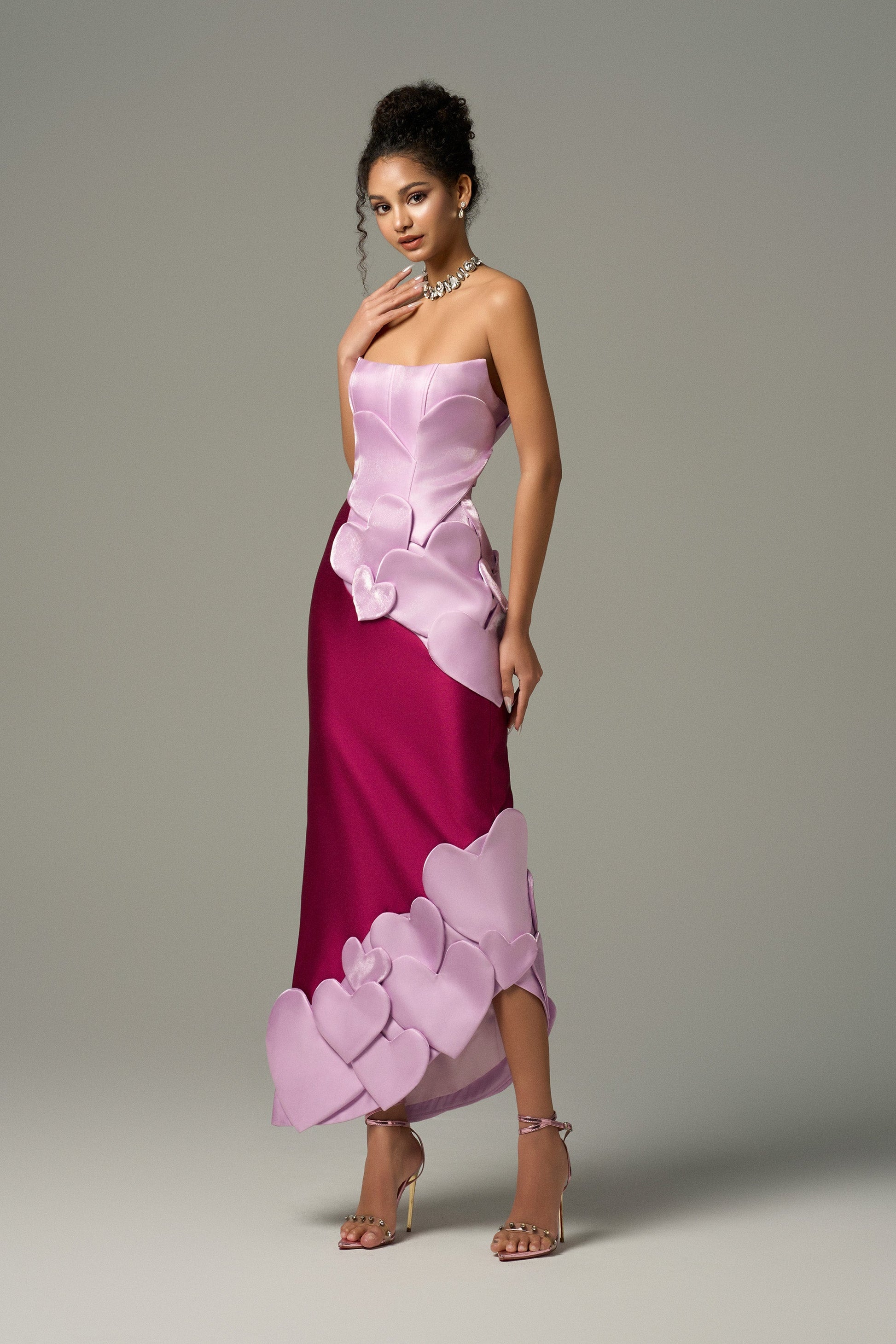 Darling Color Mix Taffeta Asymmetric Heart Detail Maxi Dress 5