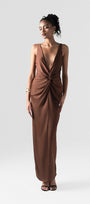 Untamed Mocha Twist Front Gown with Deep V-Neck