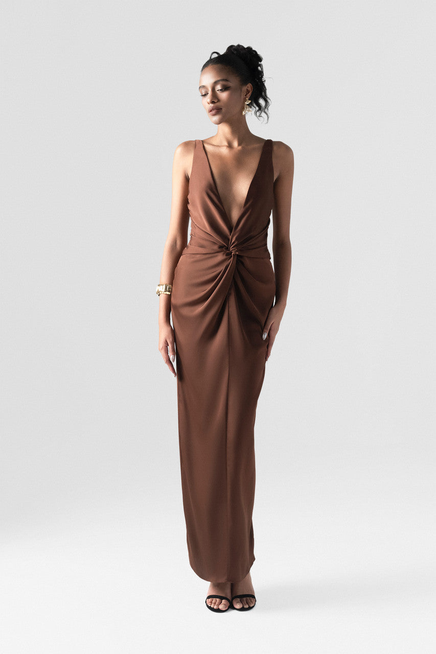 Untamed Mocha Twist Front Gown with Deep V-Neck