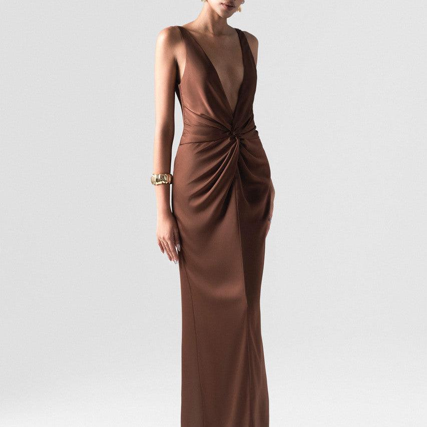 Untamed Mocha Twist Front Gown with Deep V-Neck 6