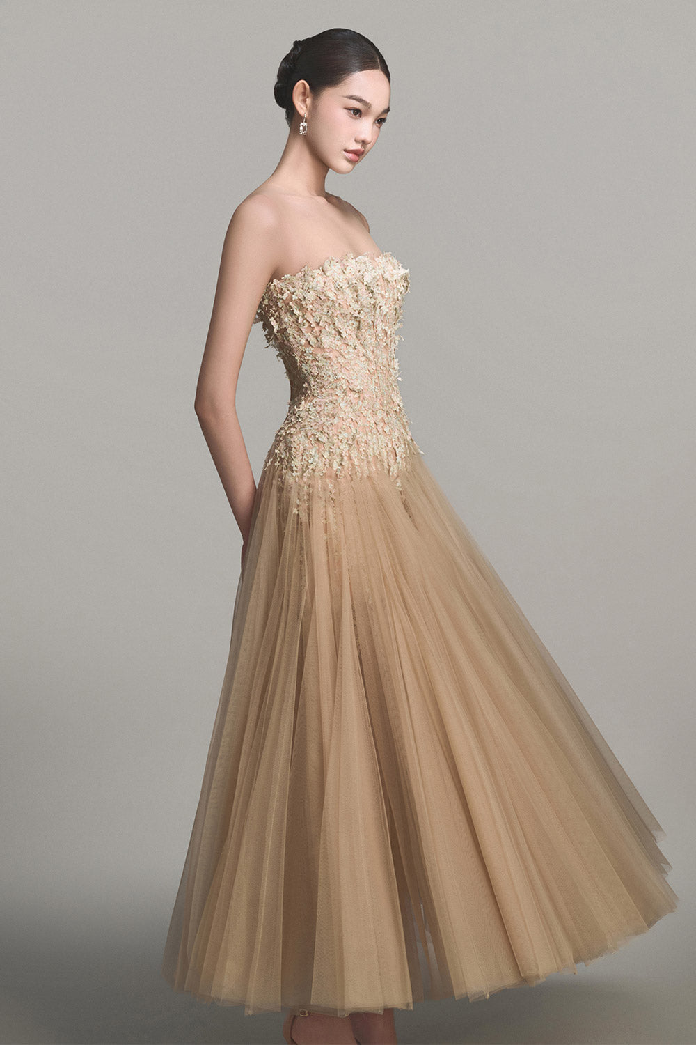 pastel beige dress pastel cocktail dresses Pastel Cream One Shoulder Midi Evening dress AISHA-parroquiadesanalbertomagno.com
