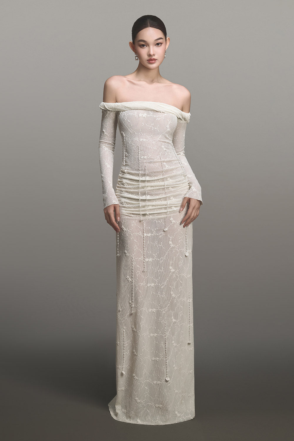 White Floral Beaded Off-shoulder Dress