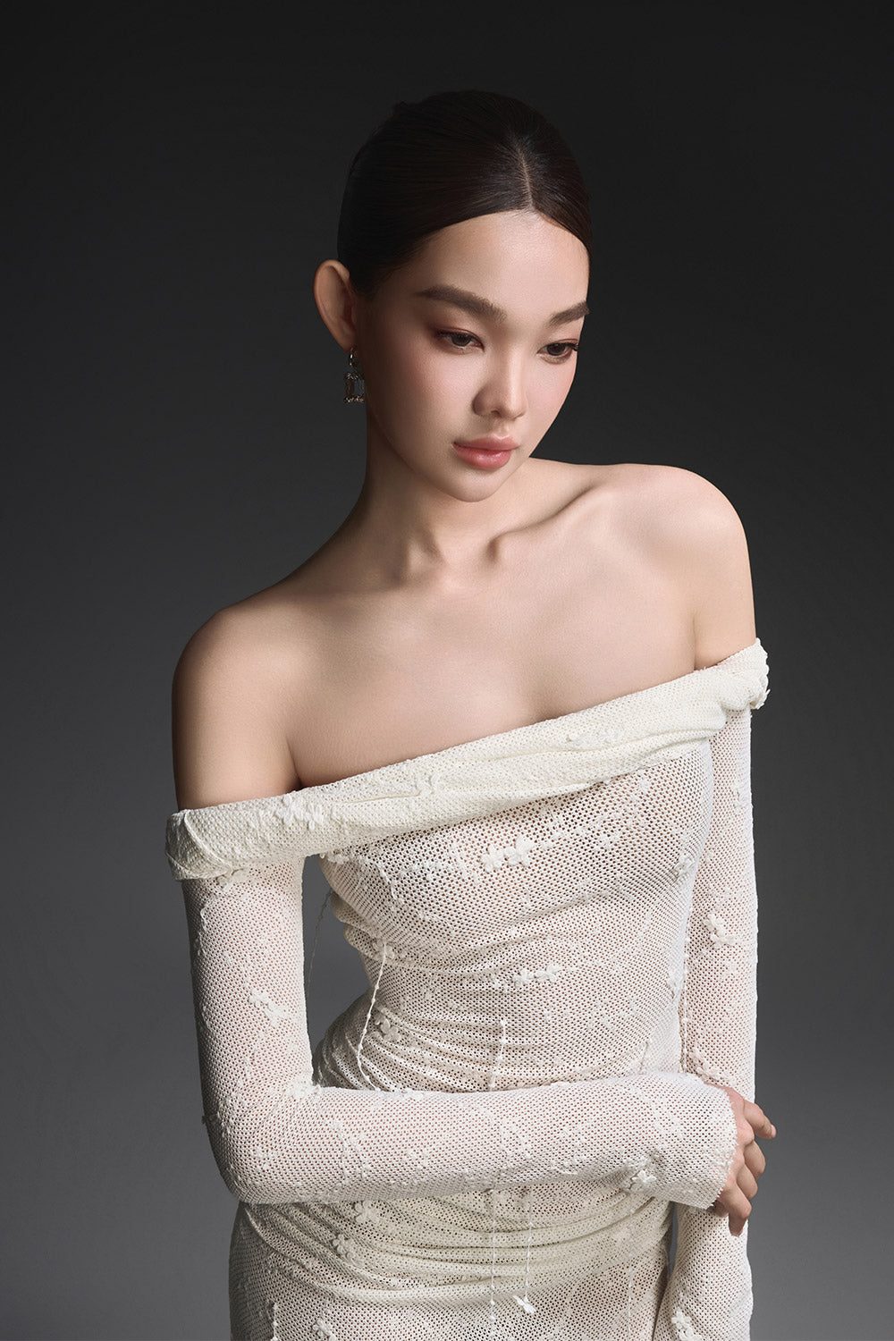 White Floral Beaded Off-shoulder Dress