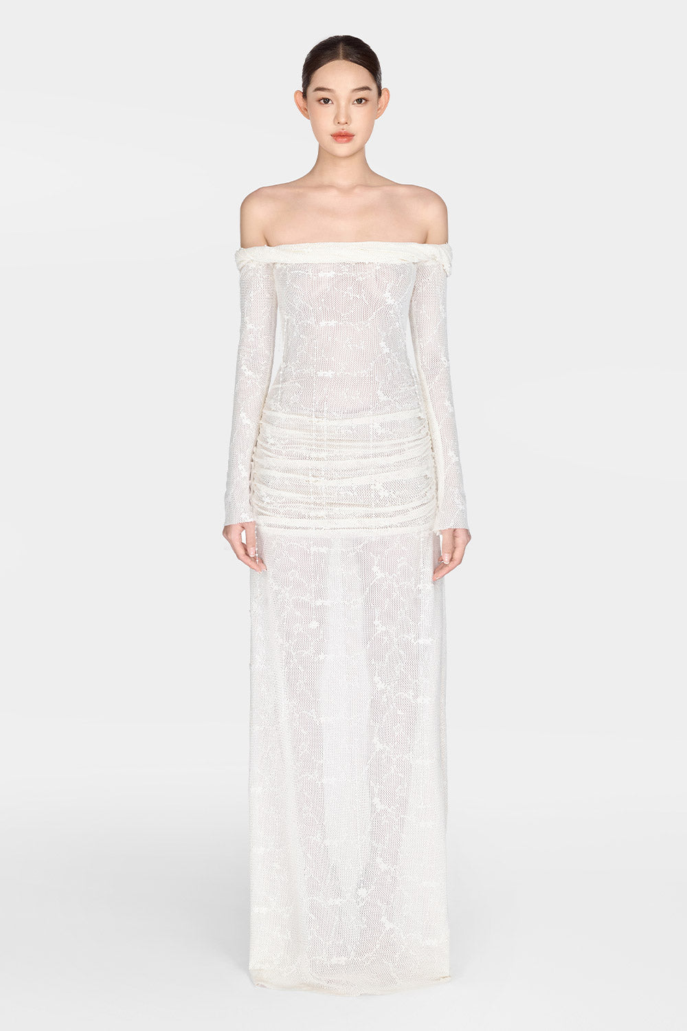 White Floral Beaded Off-shoulder Dress