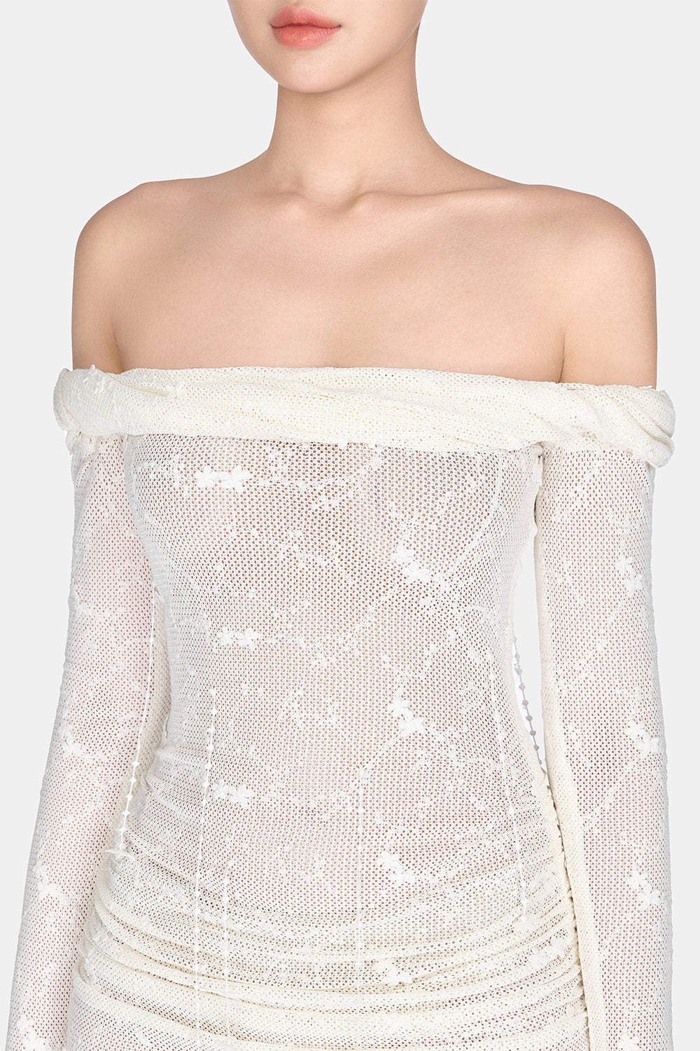 White Floral Beaded Off-shoulder Dress