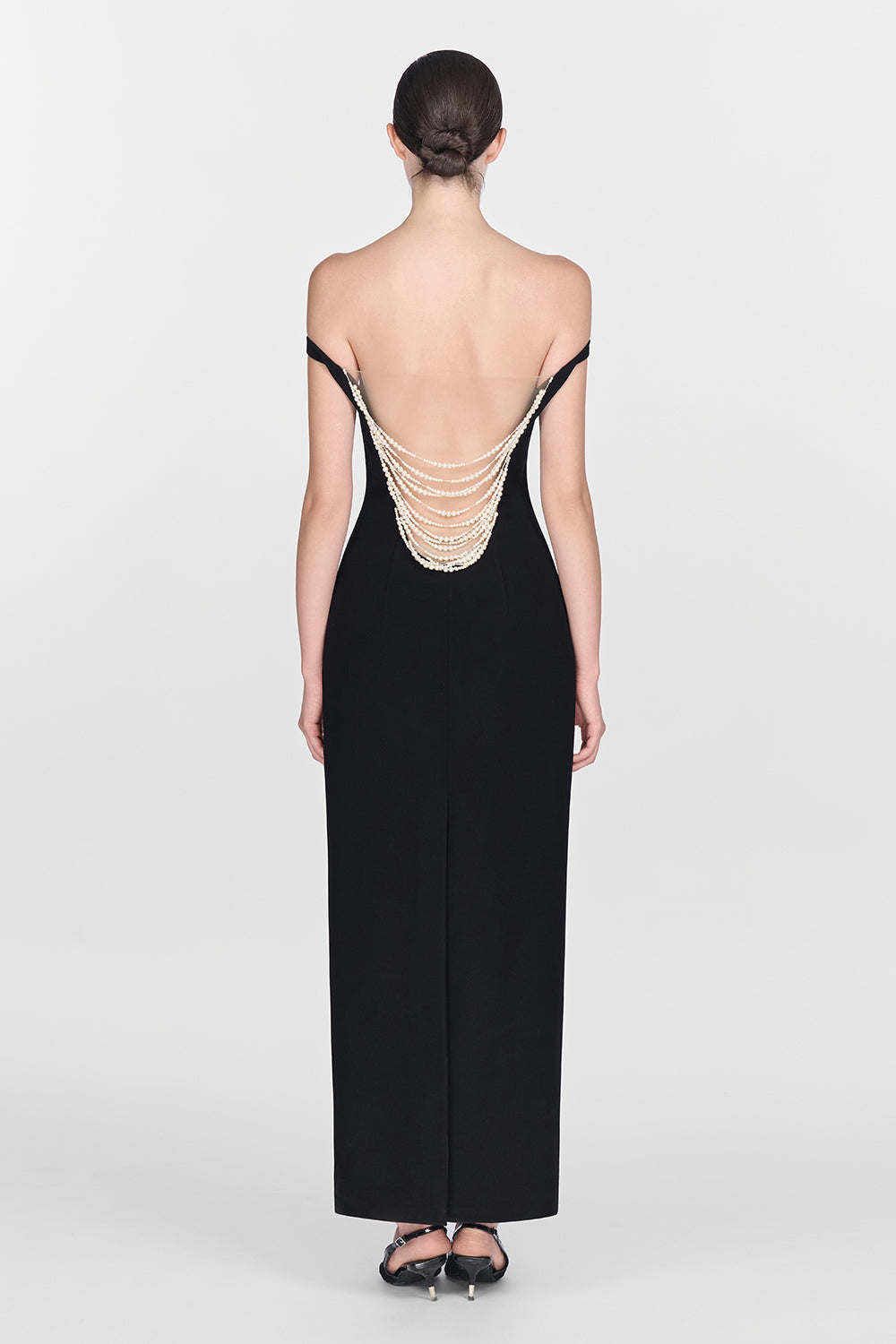 black pearl midi dress Lady Black Tie - Pearl Trim Black Satin Midi Dress