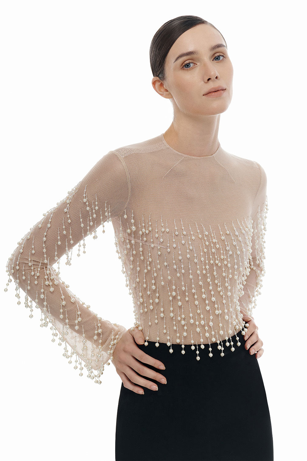 Beige Faux Pearl Longsleeve Top