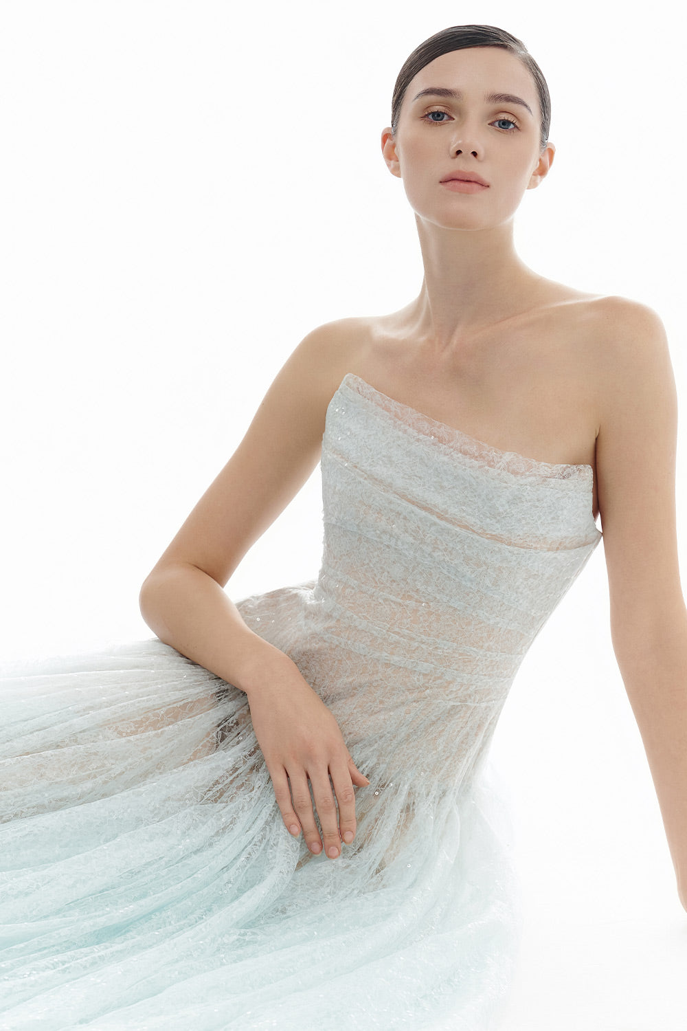 draped lace dress Strapless Draped Lace Corset Maxi Dress White