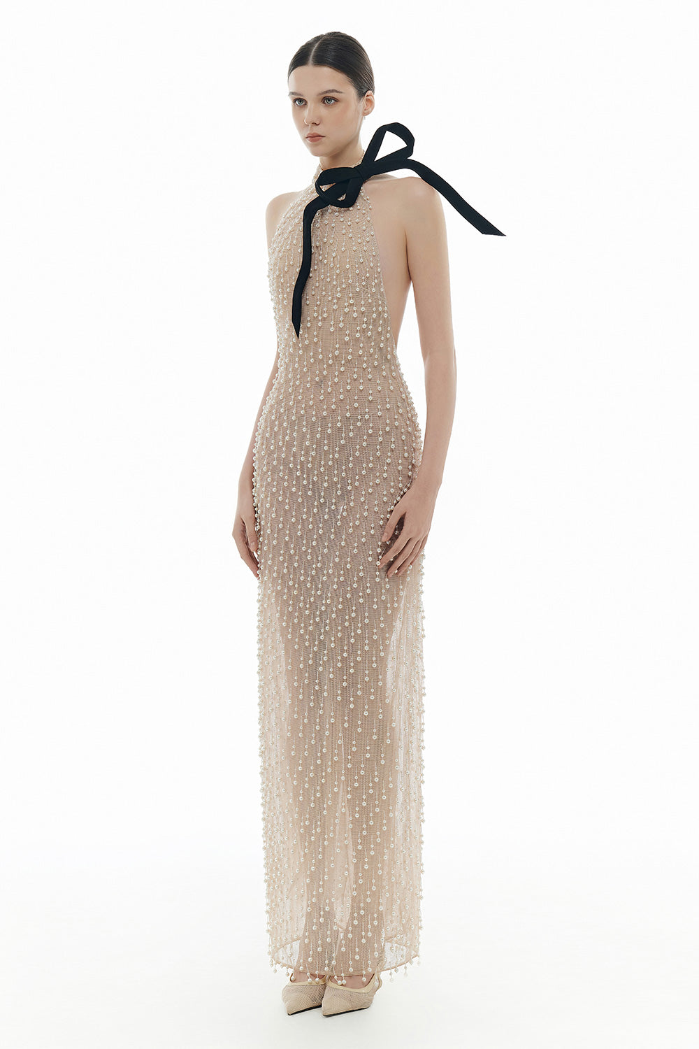 Beige Faux Pearl Dress