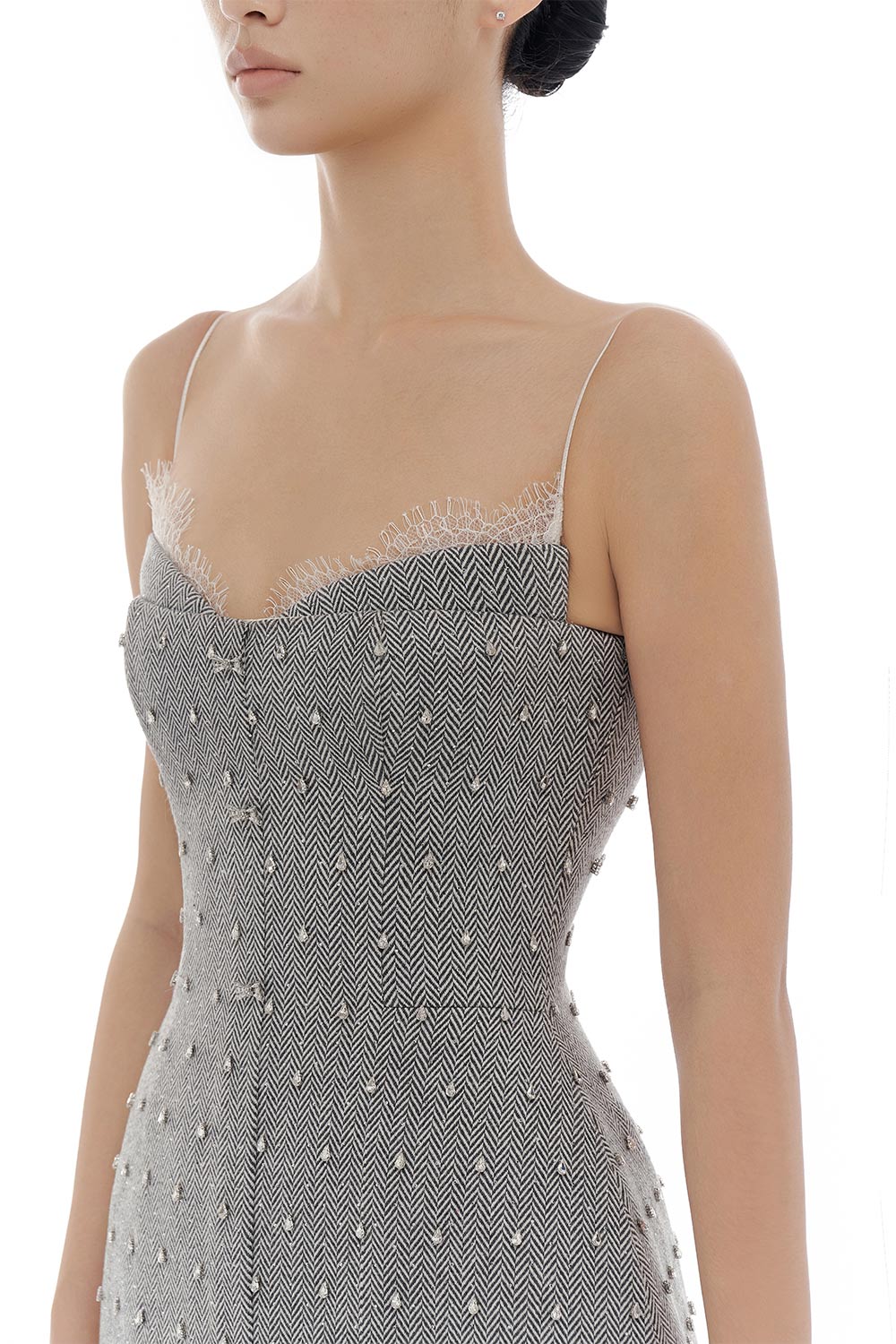 Grey Harringbone Crystal Beaded Dress