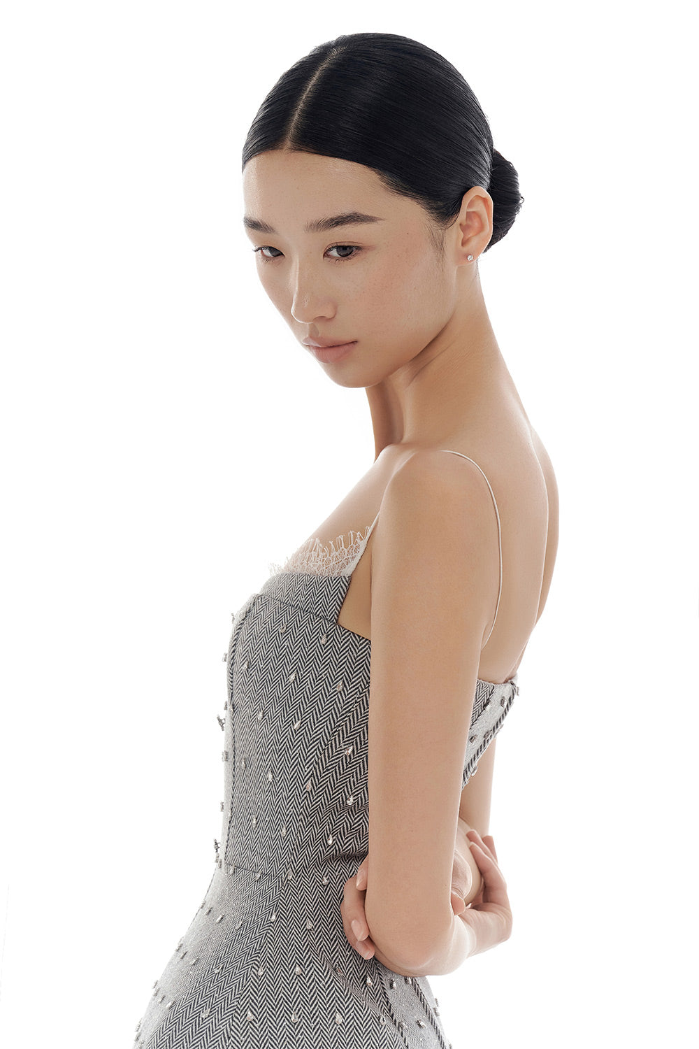 Grey Harringbone Crystal Beaded Dress