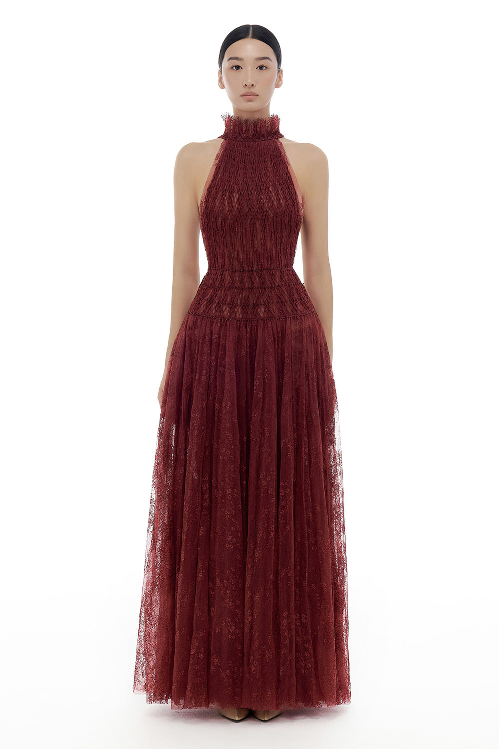 Burgundy Smocked Lace Maxi Dress