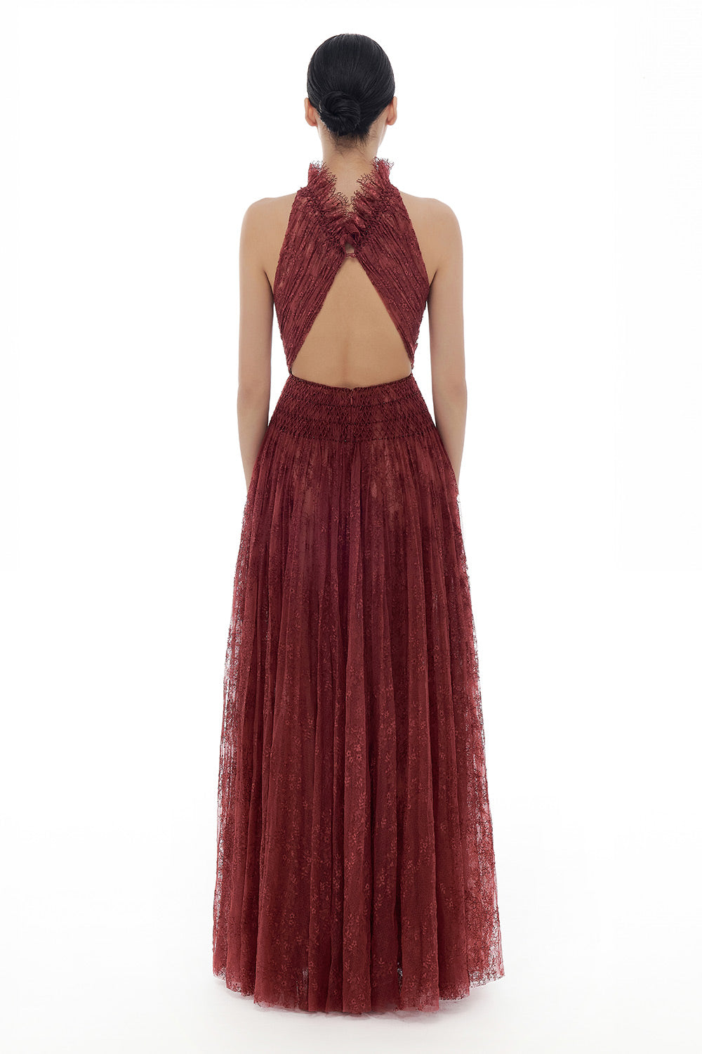 Burgundy Smocked Lace Maxi Dress