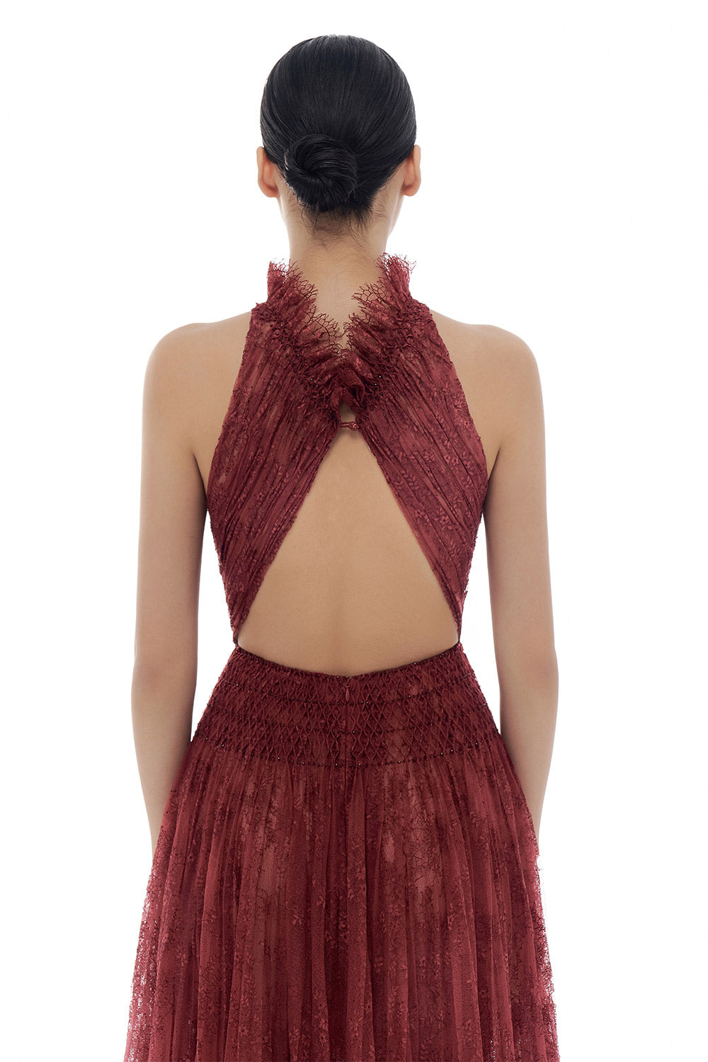Burgundy Smocked Lace Maxi Dress