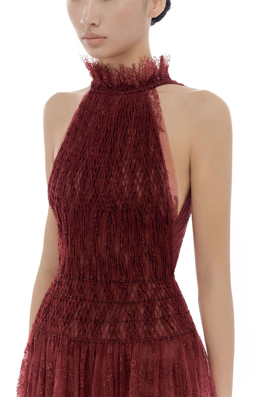 Burgundy Smocked Lace Maxi Dress