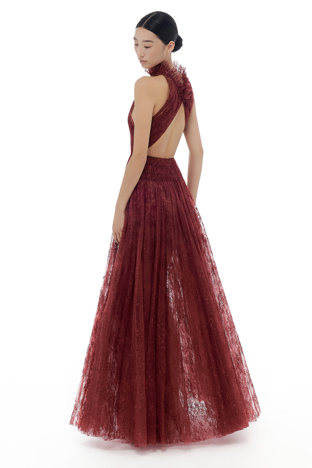 Burgundy Smocked Lace Maxi Dress