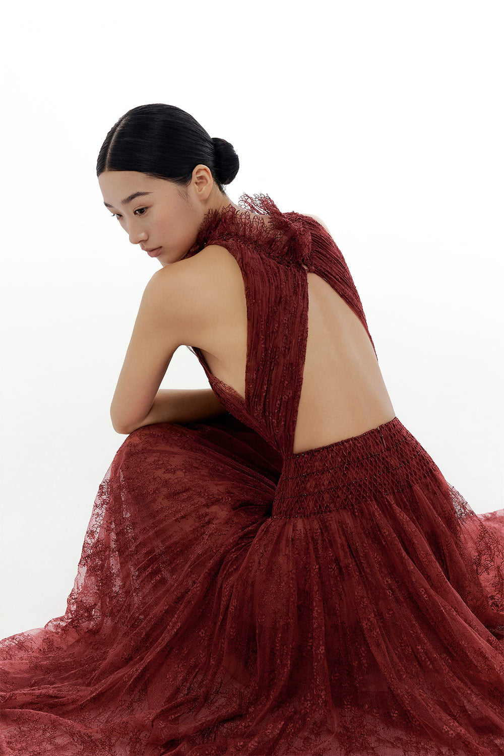 Burgundy Smocked Lace Maxi Dress