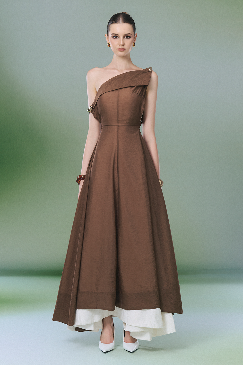 draped midi dress Women's Morgan Asymmetric Neck Draped Midi Dress S/M/L/XL/Customize Rustic Brown MEAN BLVD Rustic Brown / S