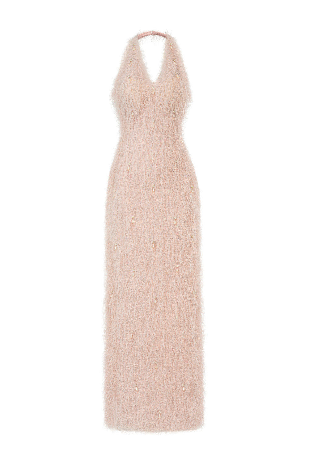 halter neck feather dress Solene Pleated Halter Backless Feather-Trim Maxi Dress