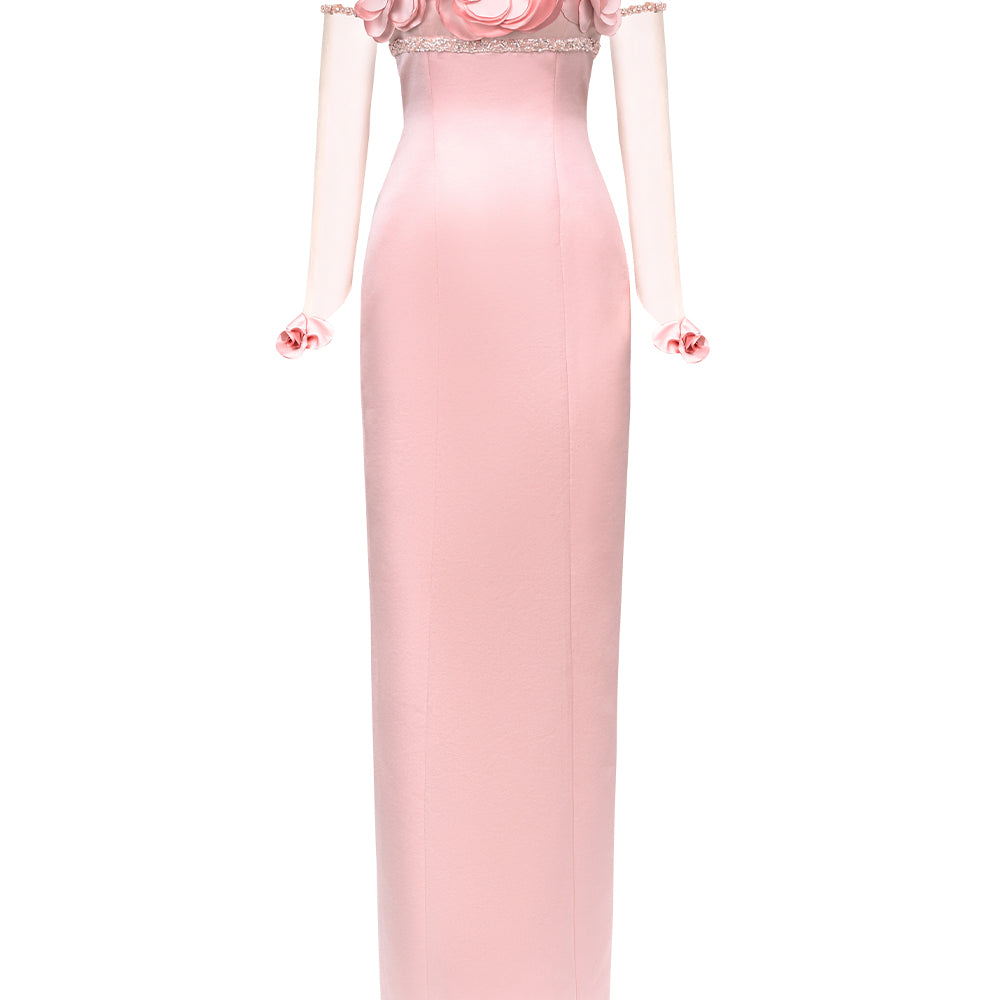 Alexia Sheath Flower Applique Taffeta Maxi Dress