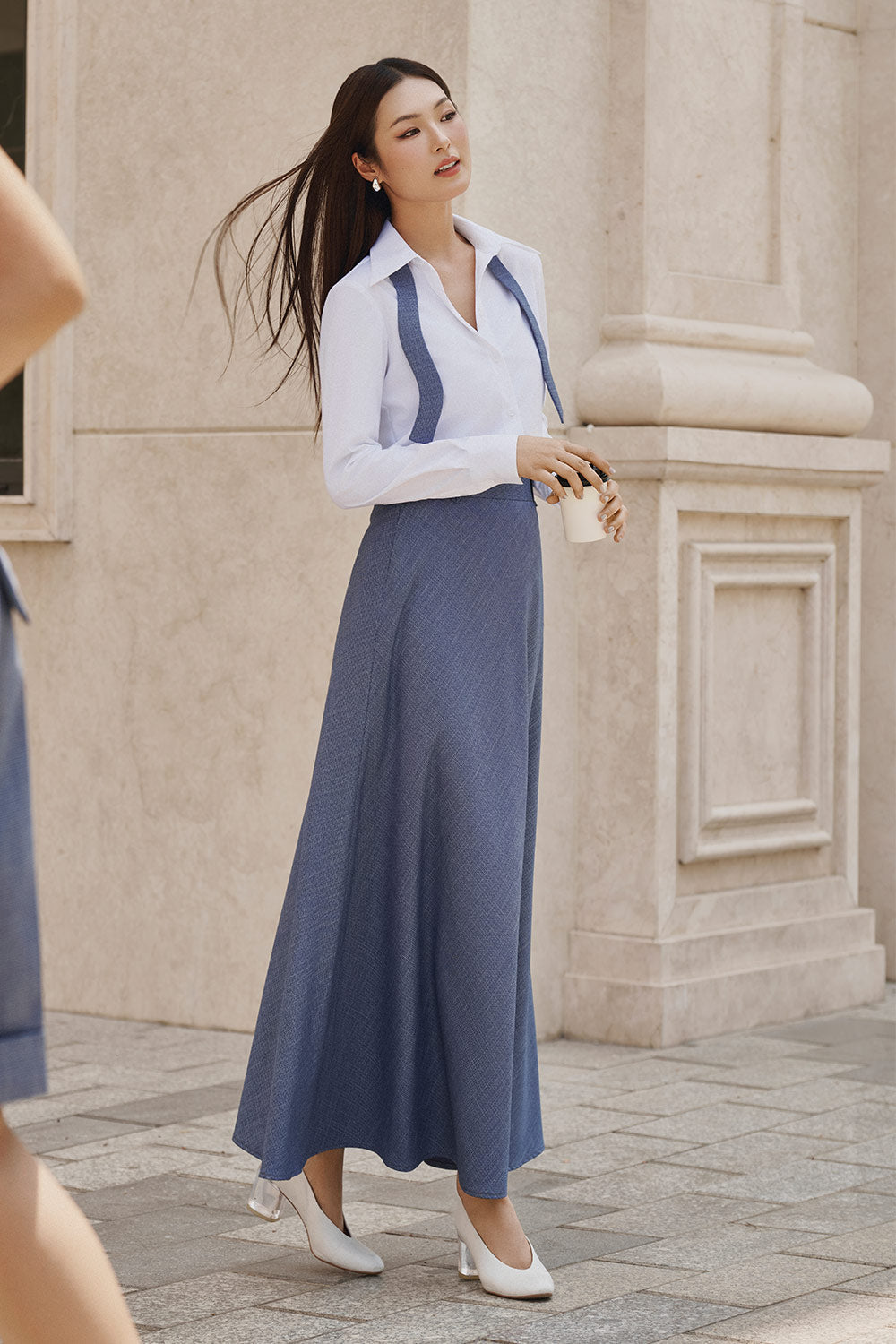 Nhip A-line Wavy Polyester Maxi Skirt