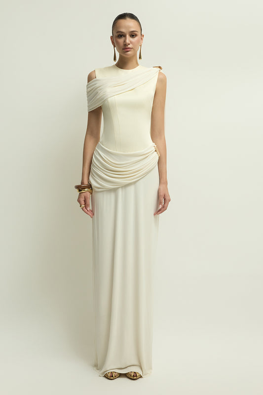 Nimes Round Neck Draped Maxi Dress - MEAN BLVD