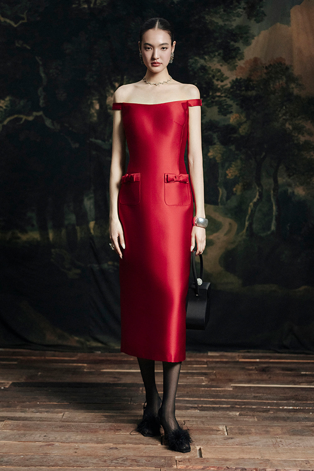 Women's Noctis Off-Shoulder Midi Dress Red S/M/L/Customize MEAN BLVD Women's Noctis Off-Shoulder Midi Dress Red S/M/L/Customize MEAN BLVD