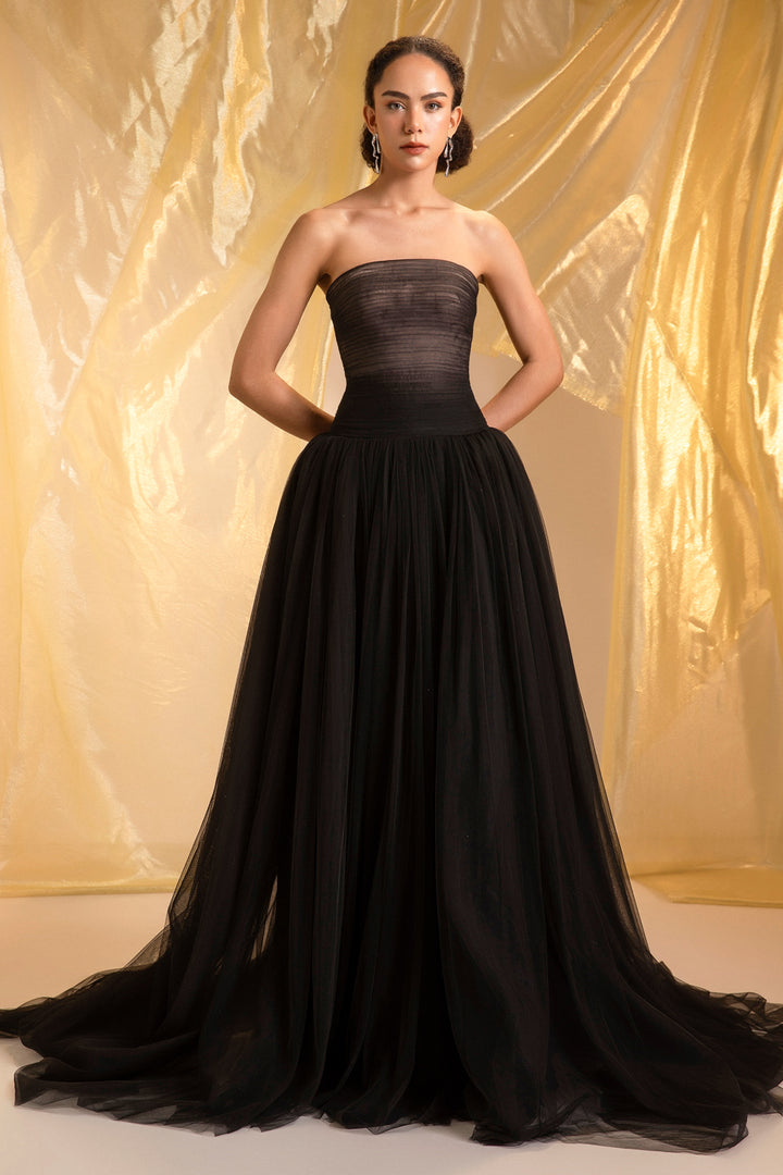 Noir Ball Gown Gathering Maxi Dress - MEAN BLVD
