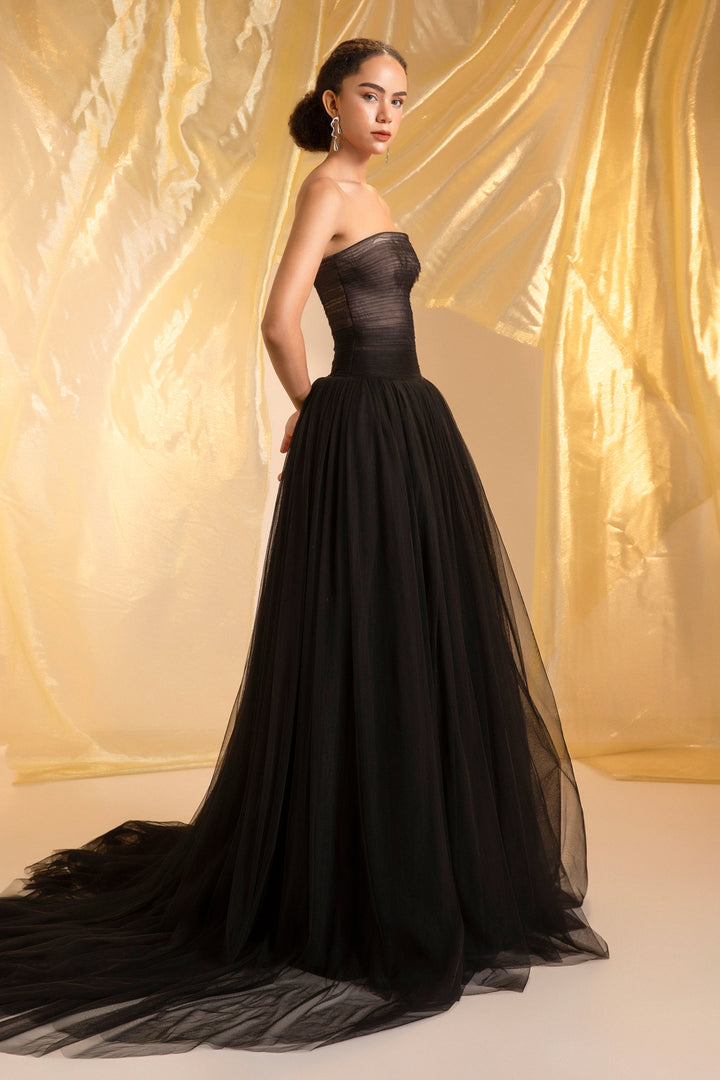 Noir Ball Gown Gathering Maxi Dress - MEAN BLVD