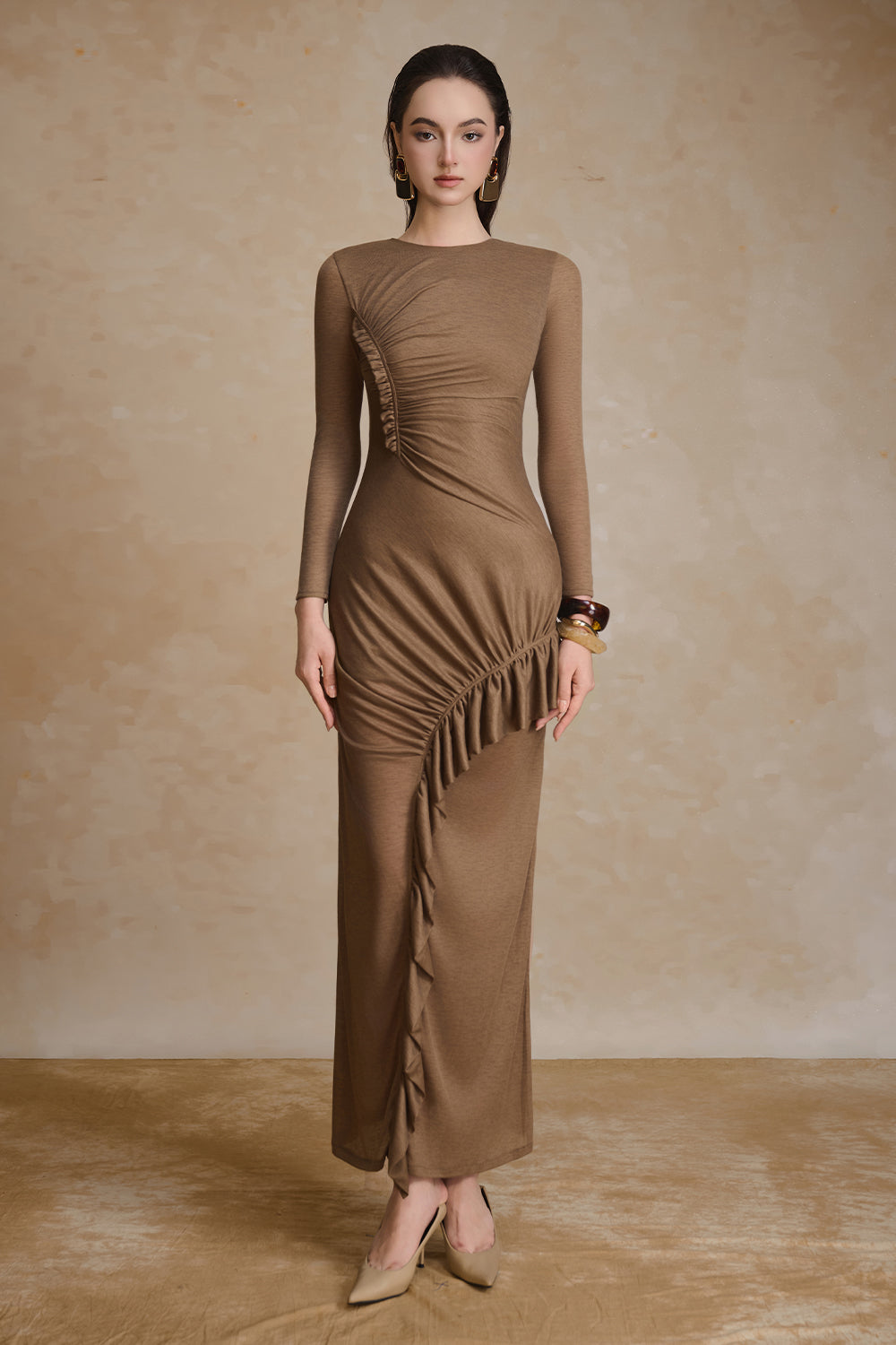 Women's Noir Round Neck Ruffle Maxi Dress S/M/L/Customize Caramel MEAN BLVD Women's Noir Round Neck Ruffle Maxi Dress S/M/L/Customize Caramel MEAN BLVD