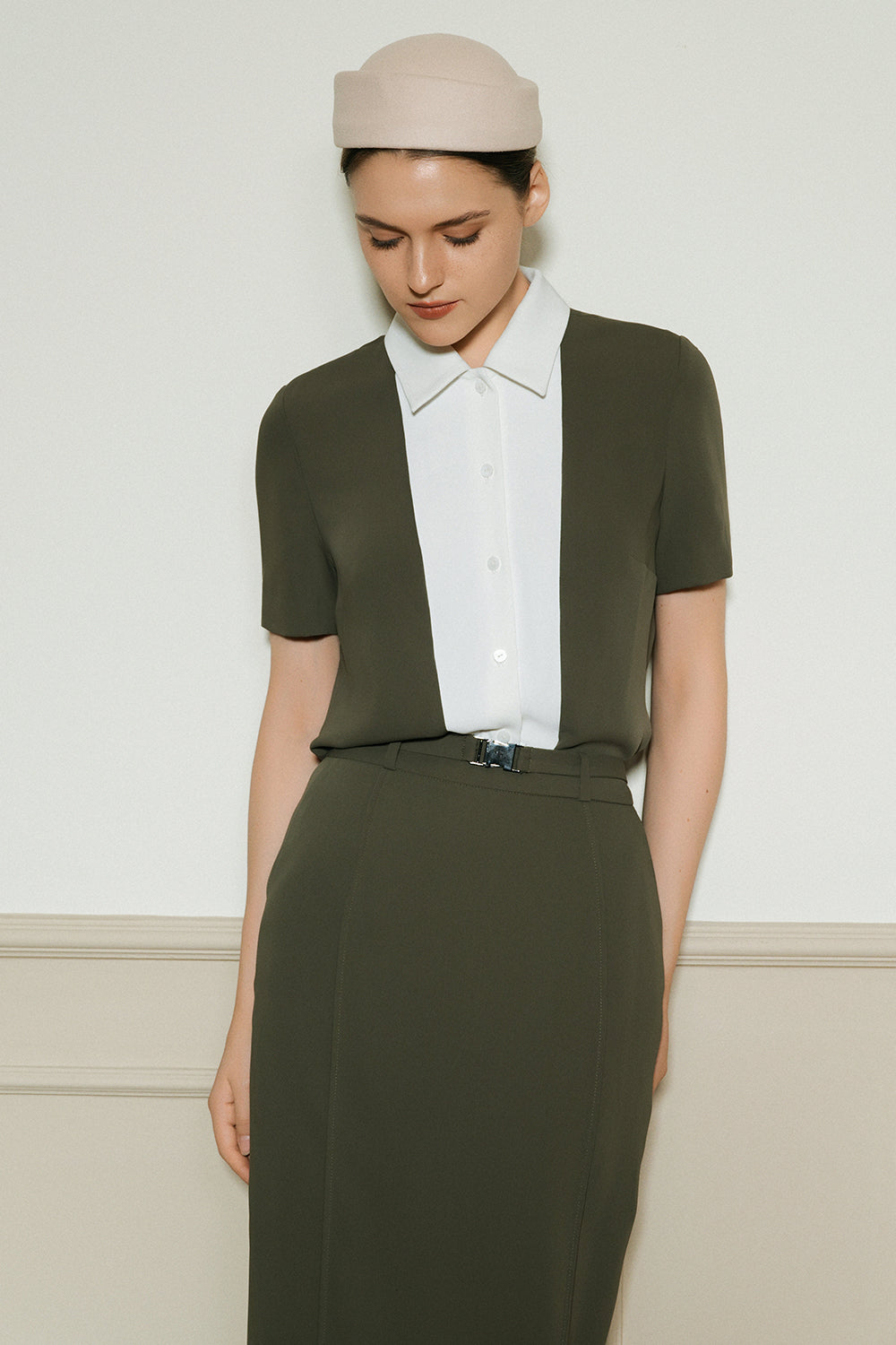 Women's Nova Collared Crepe Shirt S/M/L/Customize Dusty Olive & White MEAN  BLVD