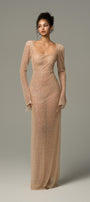 Opalina Beaded Mesh Body Hugging Maxi Dress With Slit Sleeves