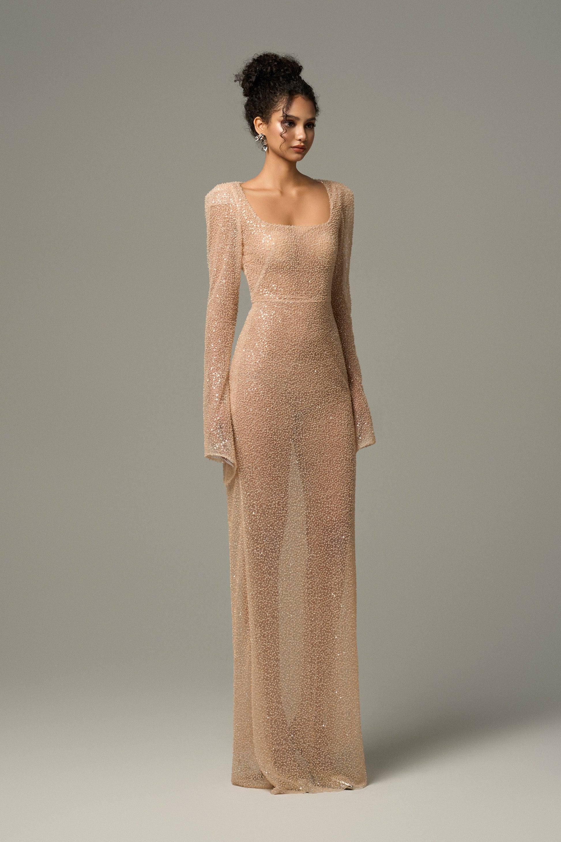 Opalina Beaded Mesh Body Hugging Maxi Dress With Slit Sleeves 5