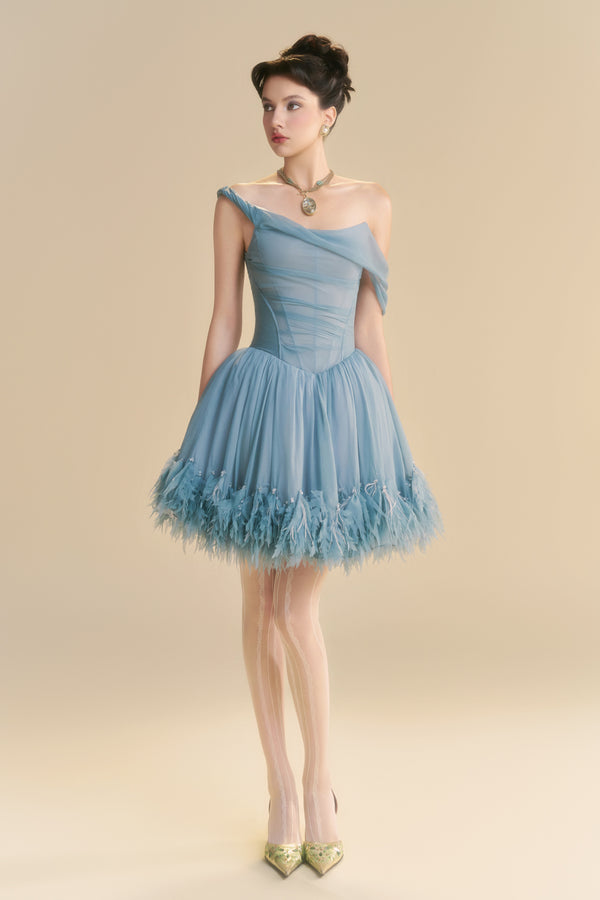 Nuvielle Asymmetric Neck Feather Mini Dress - MEAN BLVD