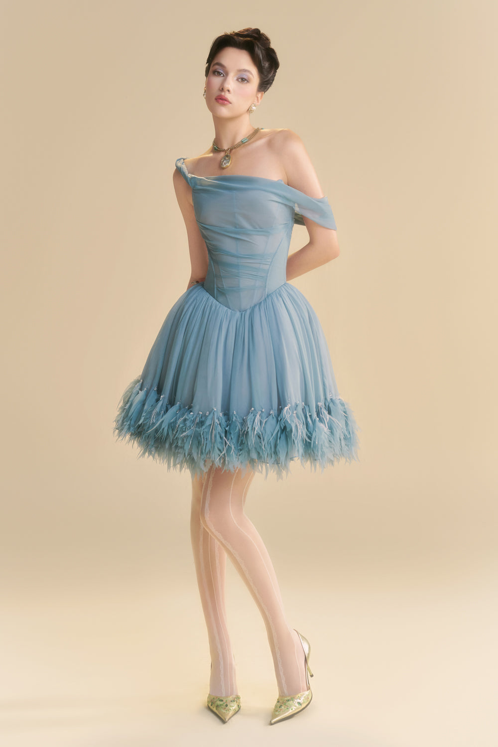 Women's Nuvielle Asymmetric Neck Feather Mini Dress XS/S/M/L/XL/Customize Lapis Blue MEAN BLVD Women's Nuvielle Asymmetric Neck Feather Mini Dress XS/S/M/L/XL/Customize Lapis Blue MEAN BLVD