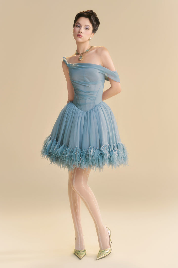 Nuvielle Asymmetric Neck Feather Mini Dress - MEAN BLVD