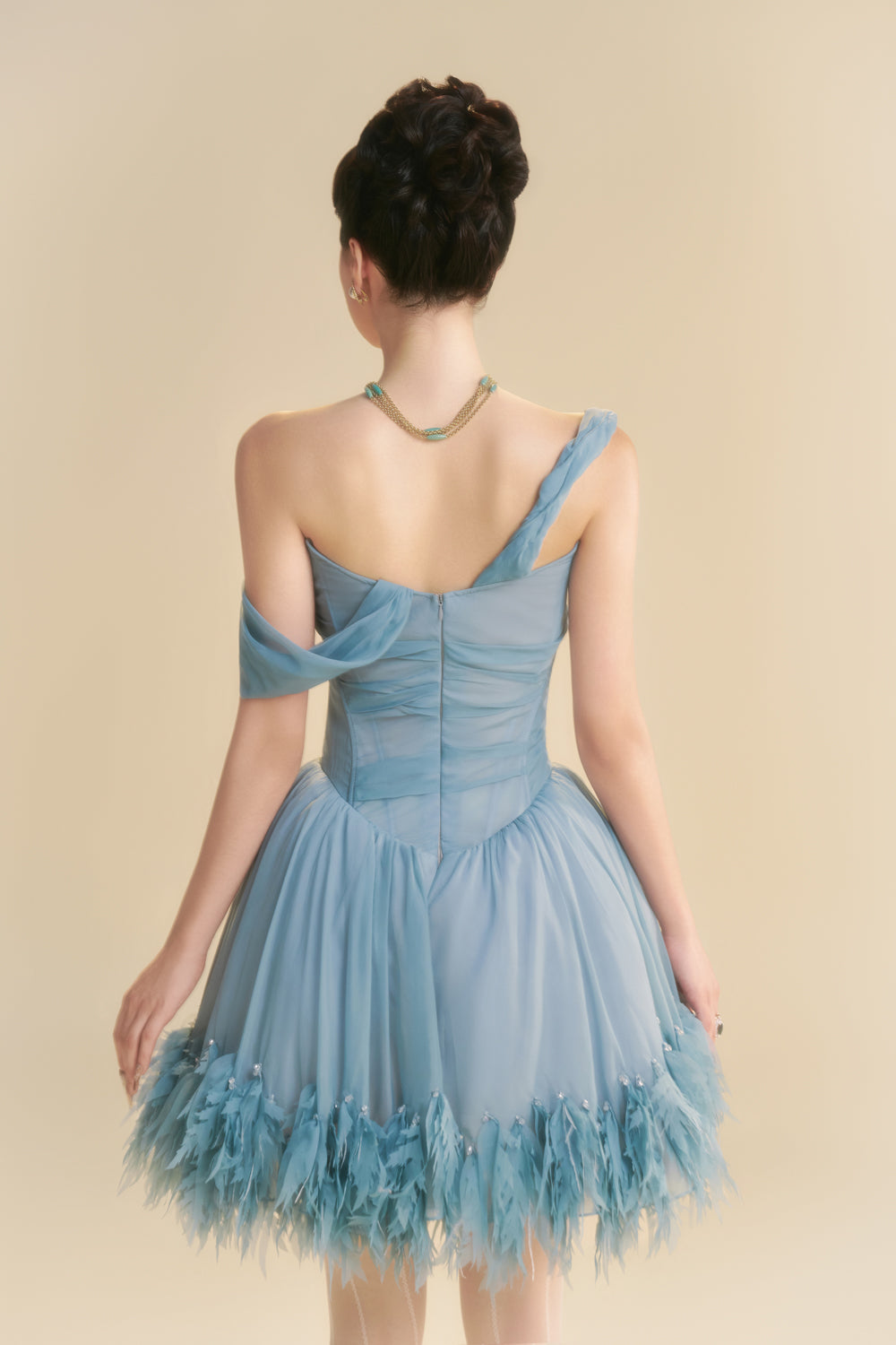 Nuvielle Asymmetric Neck Feather Mini Dress Lapis Blue / L