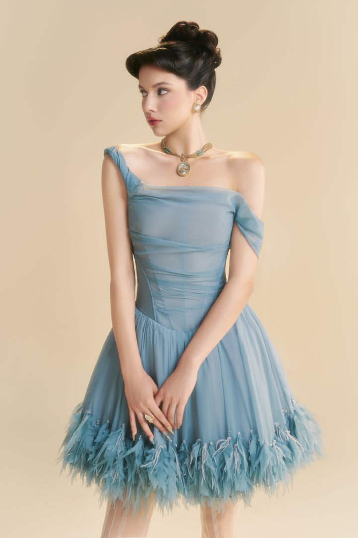 Nuvielle Asymmetric Neck Feather Mini Dress - MEAN BLVD