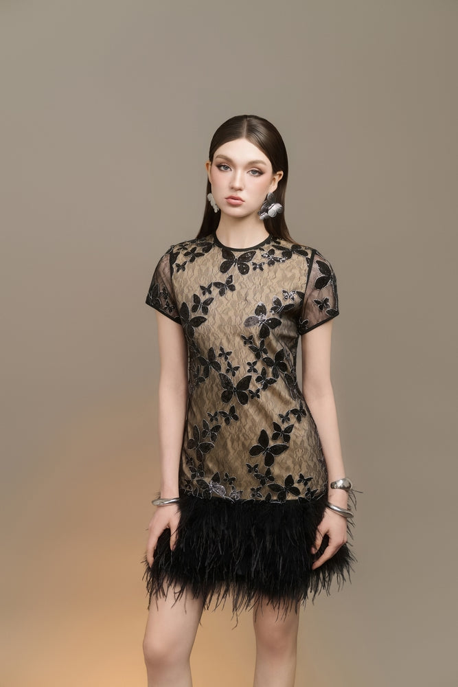 Orlyn Sheath Round Neck Tulle Mini Dress